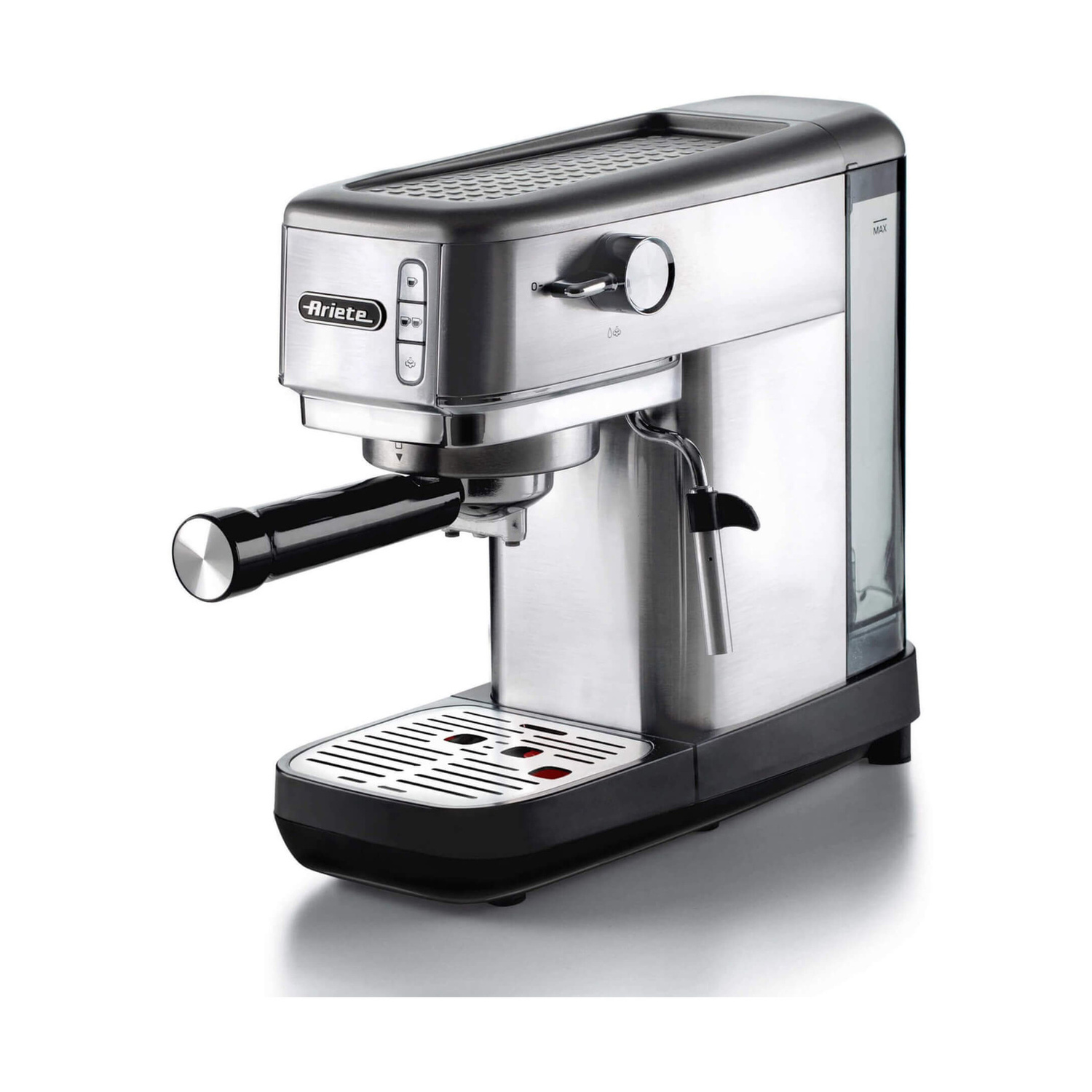 Moderna macchina per caffè espresso Ariete argento e nera con lancia acqua calda su sfondo bianco.