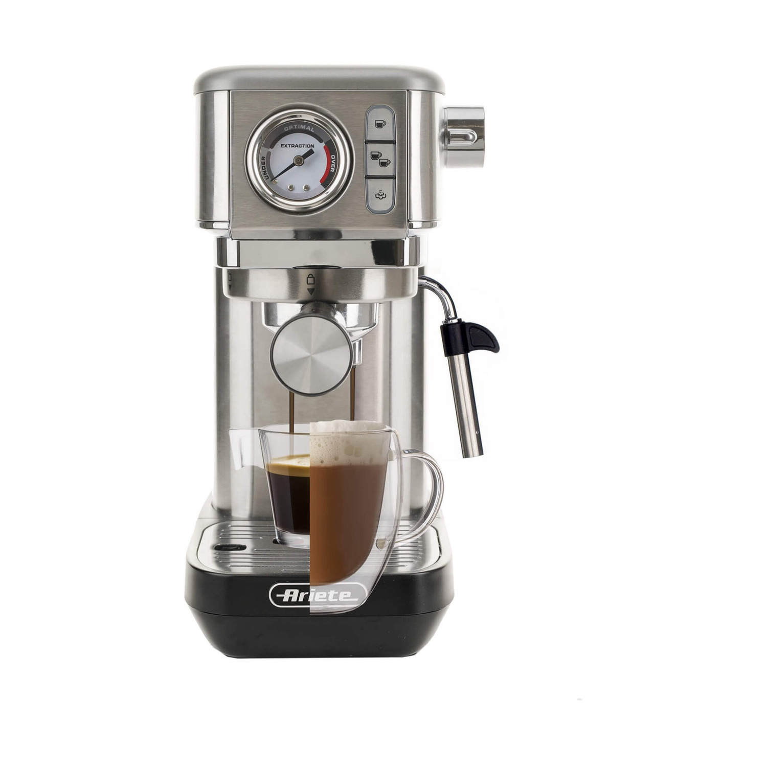 Una macchina da caffè espresso in acciaio inox con lancia vapore e una tazza di caffè.