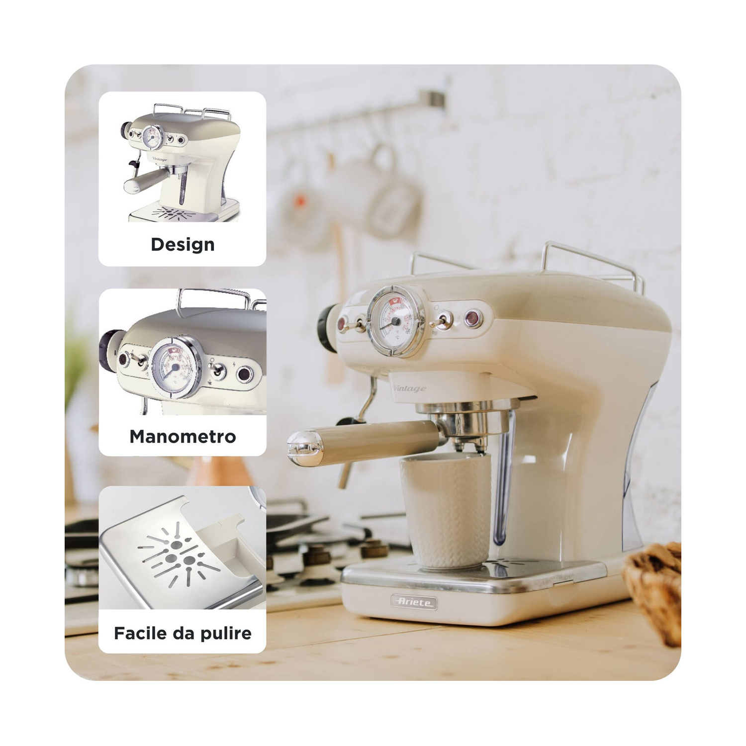 Una macchina da caffè espresso vintage color crema su un ripiano in legno, con tre immagini dettagliate.