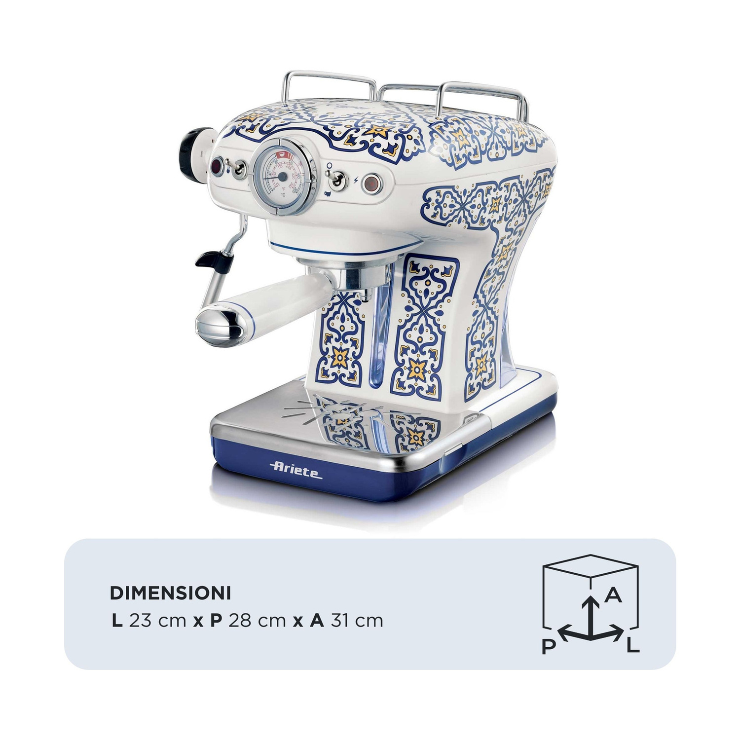 Una macchina da caffè espresso bianca e blu con motivo maiolica blu e giallo mostra le dimensioni.