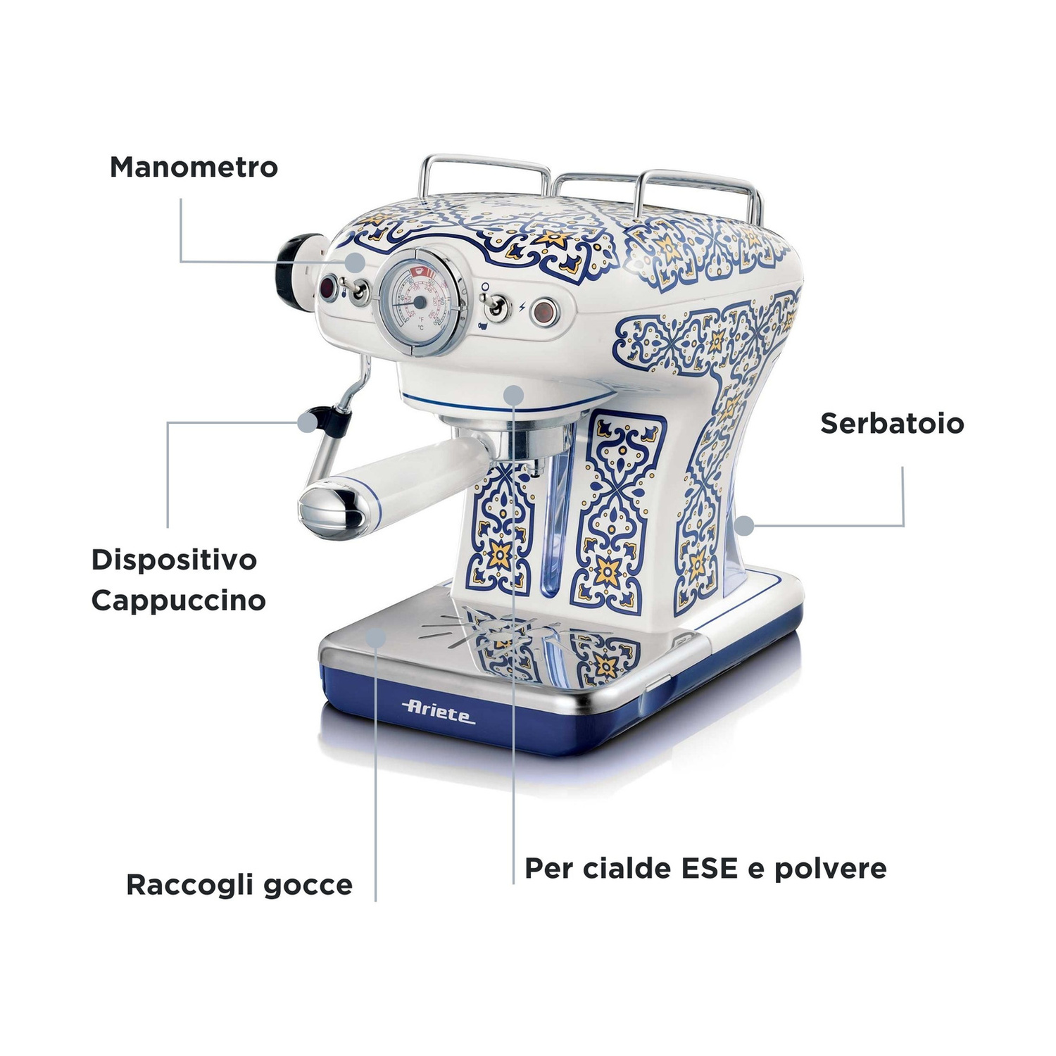 Una macchina da caffè espresso bianco-blu con motivi mediterranei ed etichette in italiano.