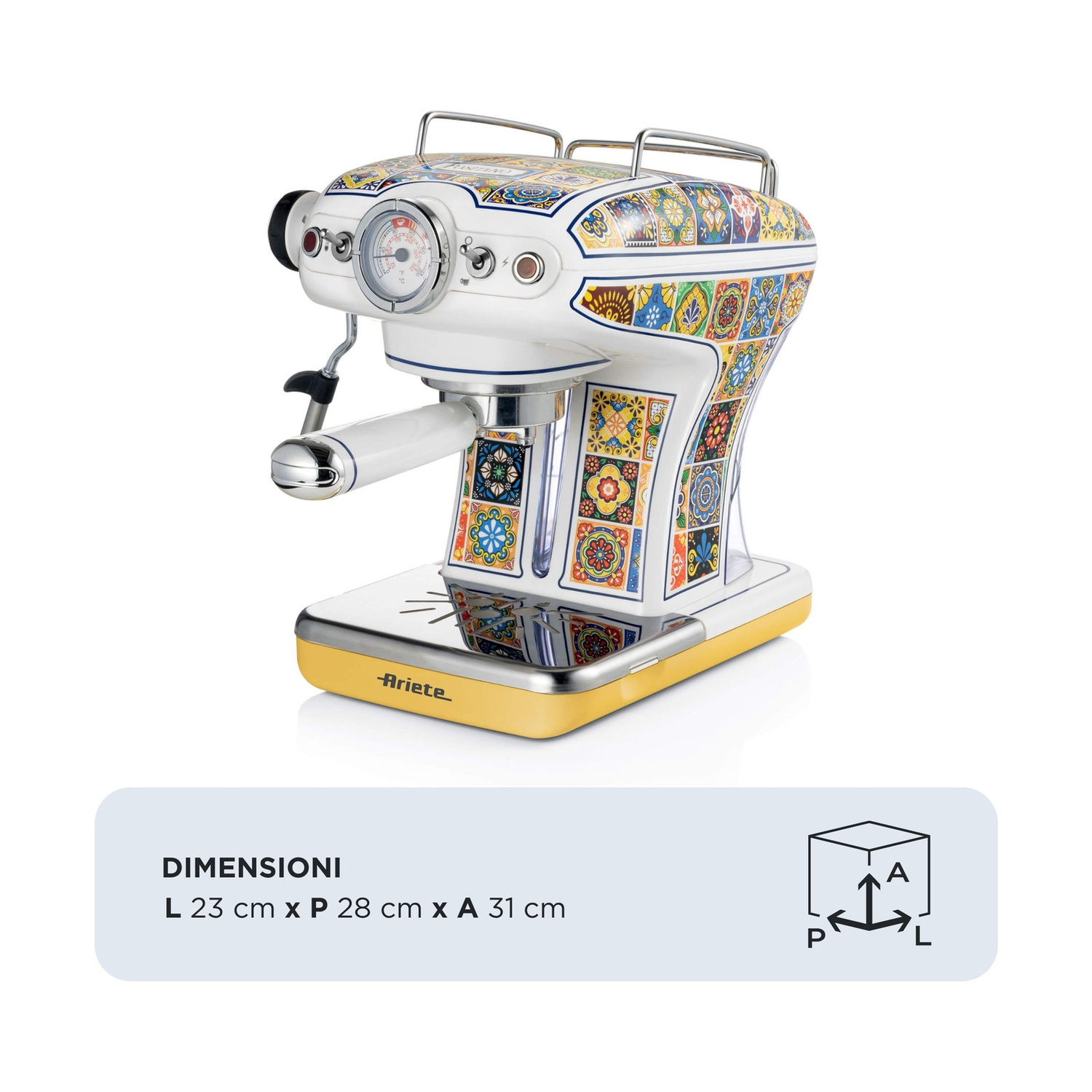 Una macchina da caffè espresso bianca con motivi di maioliche mediterranee, base gialla e dimensioni.