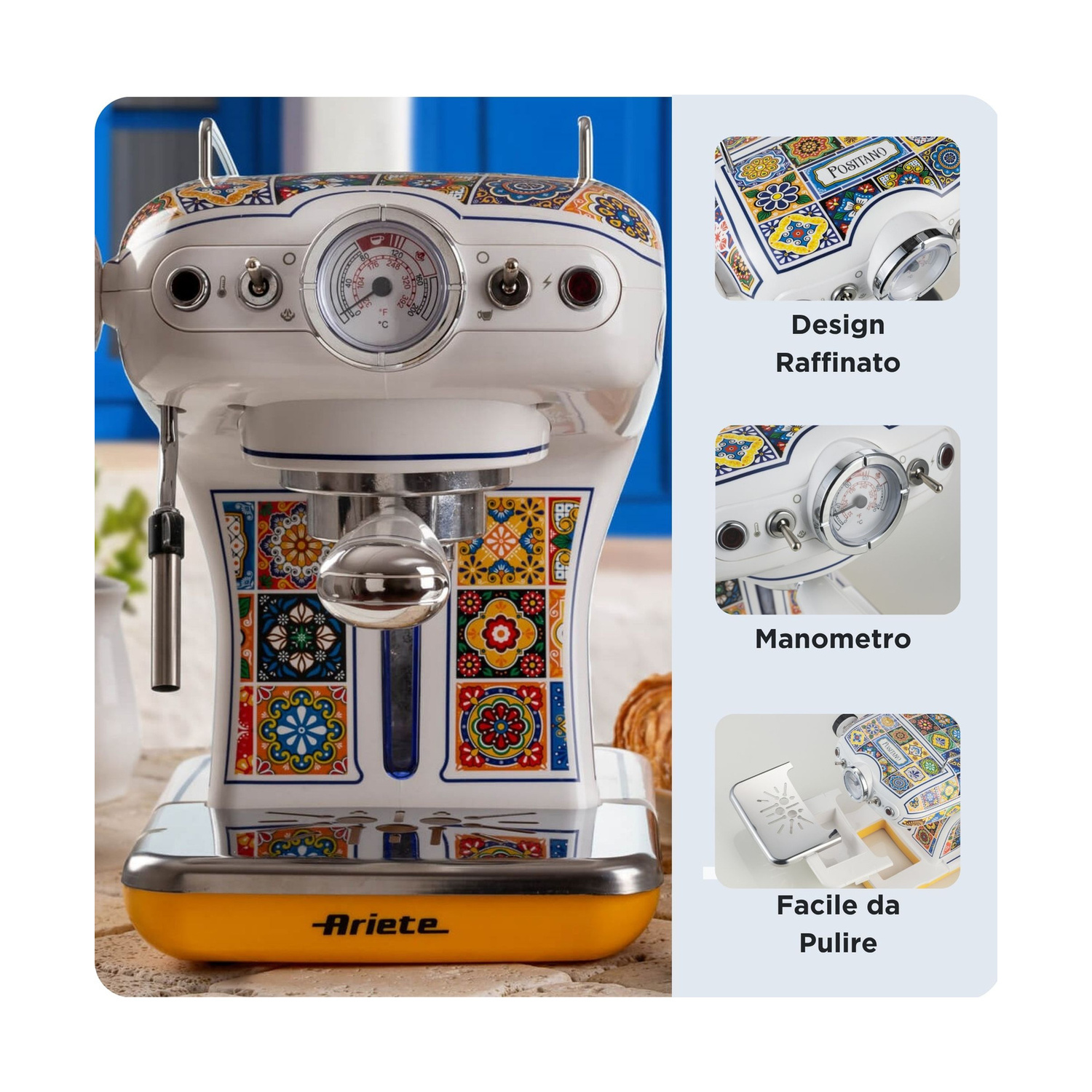 Macchina da caffè espresso Ariete bianca con motivi di piastrelle italiane colorate, manometro e base gialla.