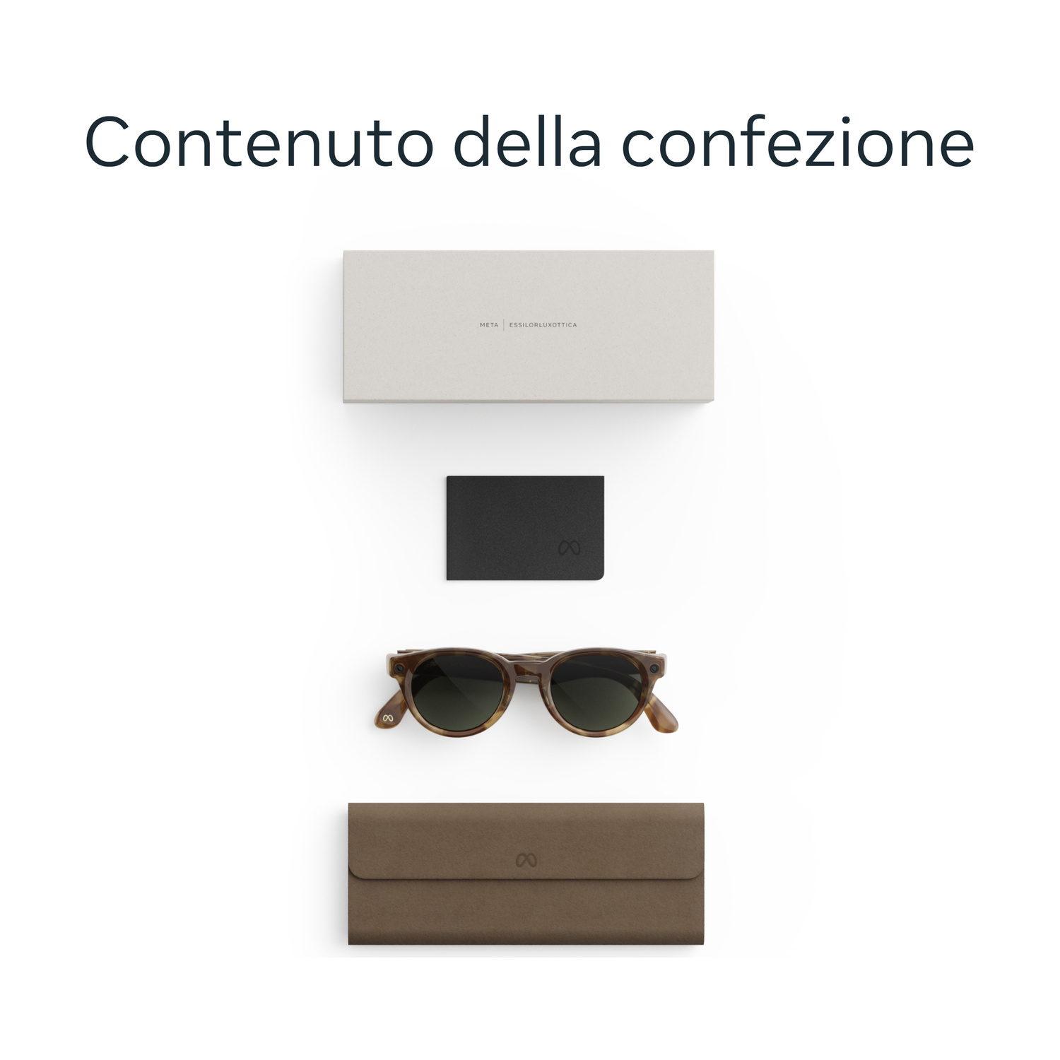 Contenuto della confezione con scatola bianca, carta nera, occhiali da sole e custodia marrone su sfondo bianco.