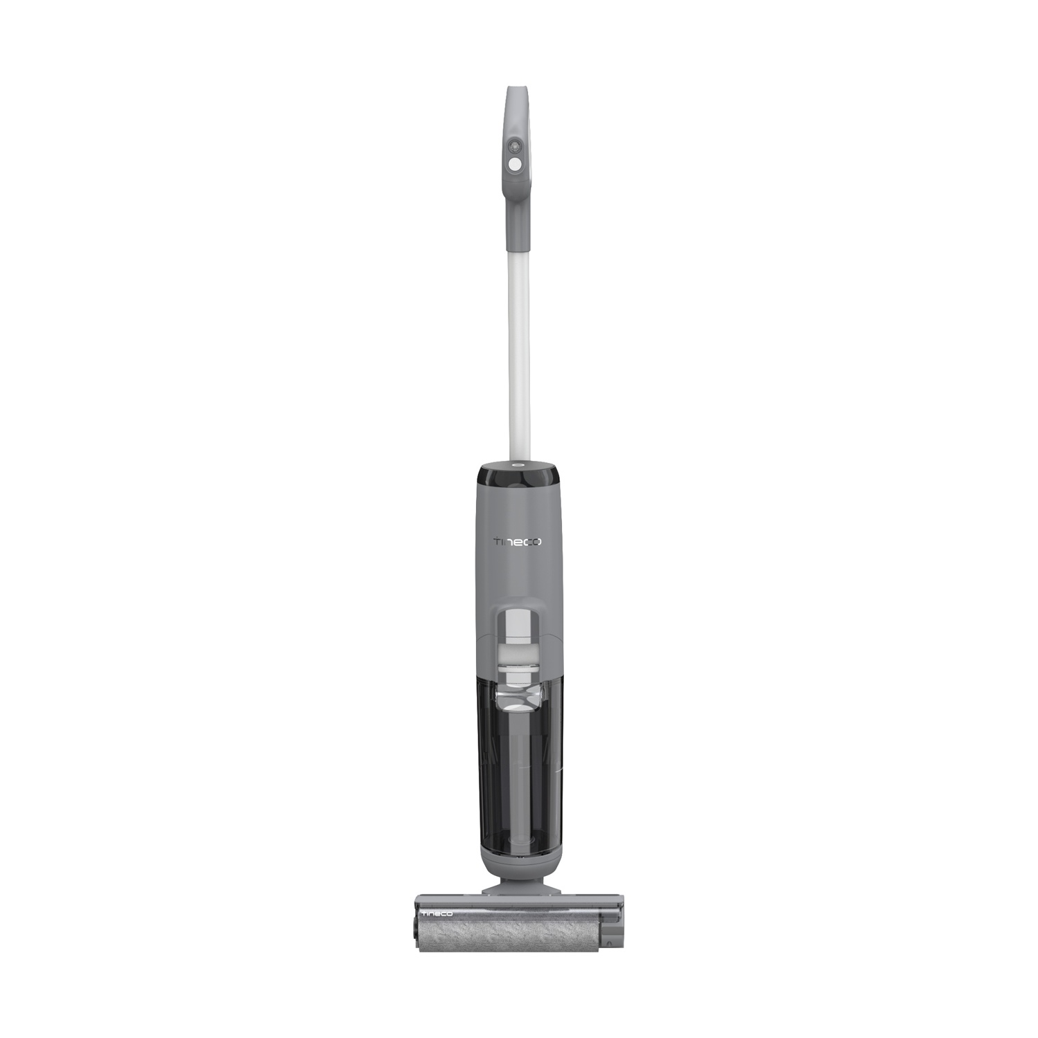 Un aspirapolvere lavapavimenti cordless grigio è posizionato verticalmente su sfondo bianco.