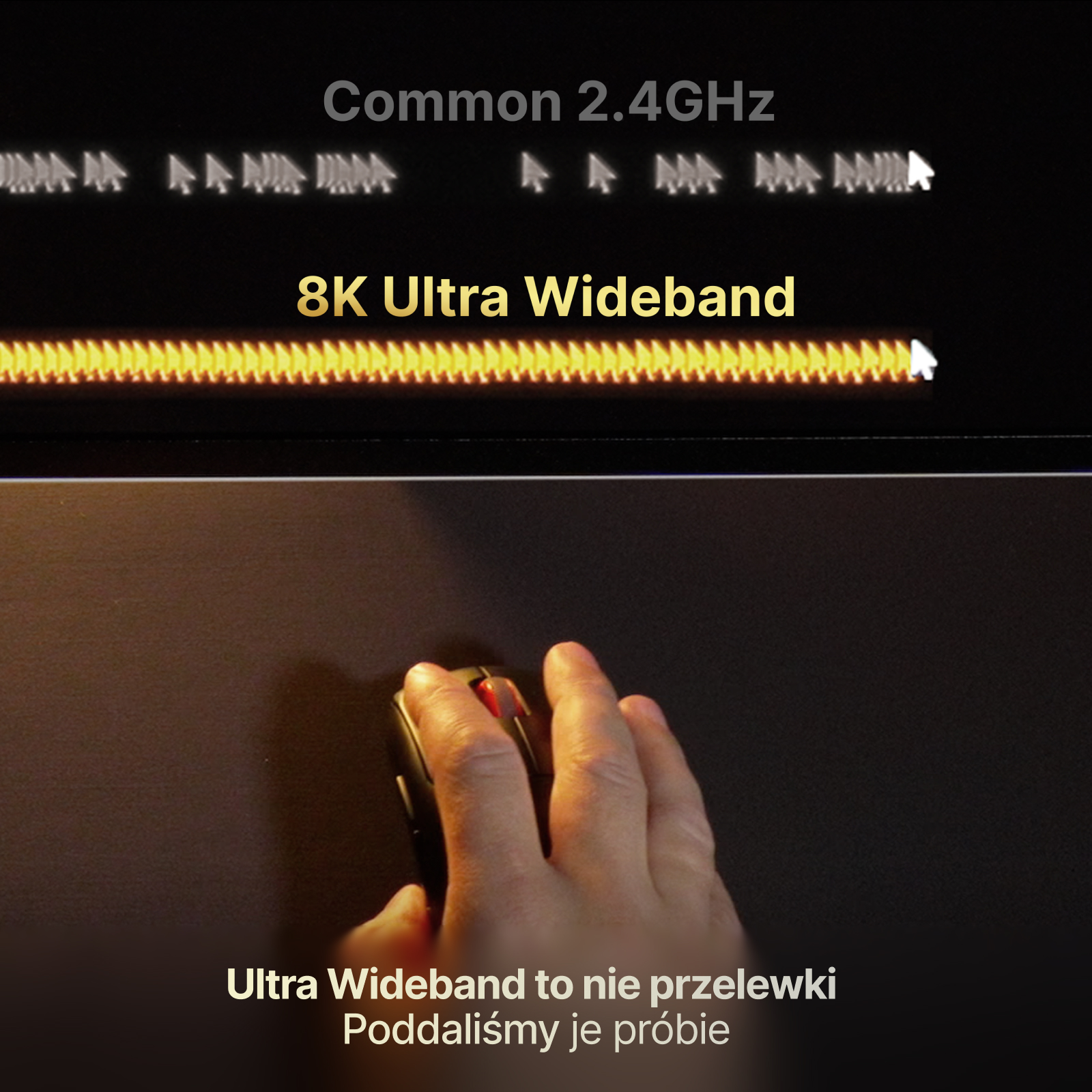 Porównanie kursorów myszy ukazuje 8K Ultra Wideband w porównaniu do 2.4GHz.