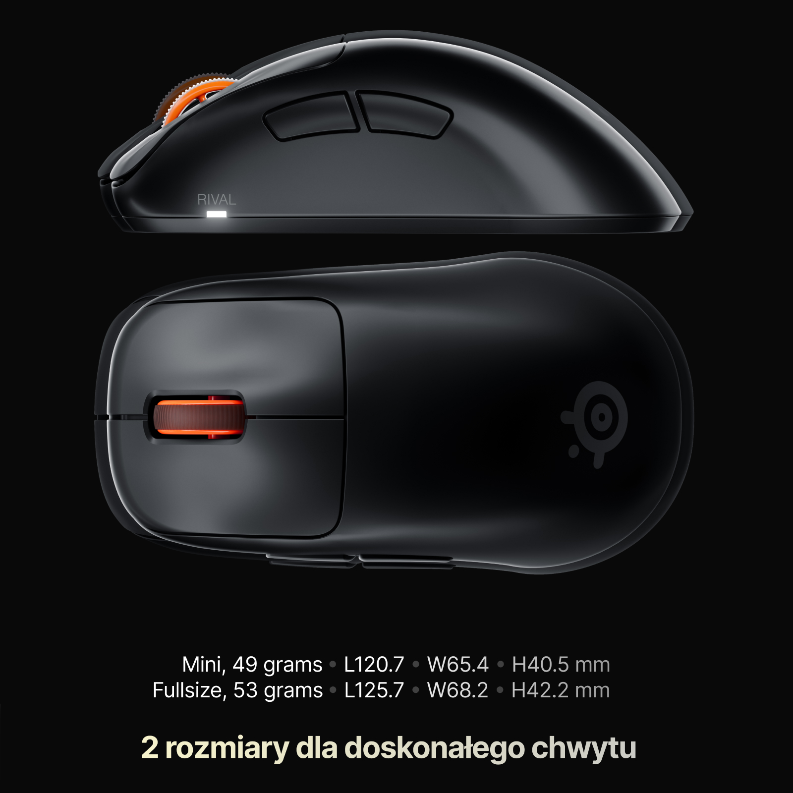 Dwie czarne myszy komputerowe z boku i od góry, z pomarańczowymi rolkami oraz tekstem podającym wymiary i wagę.