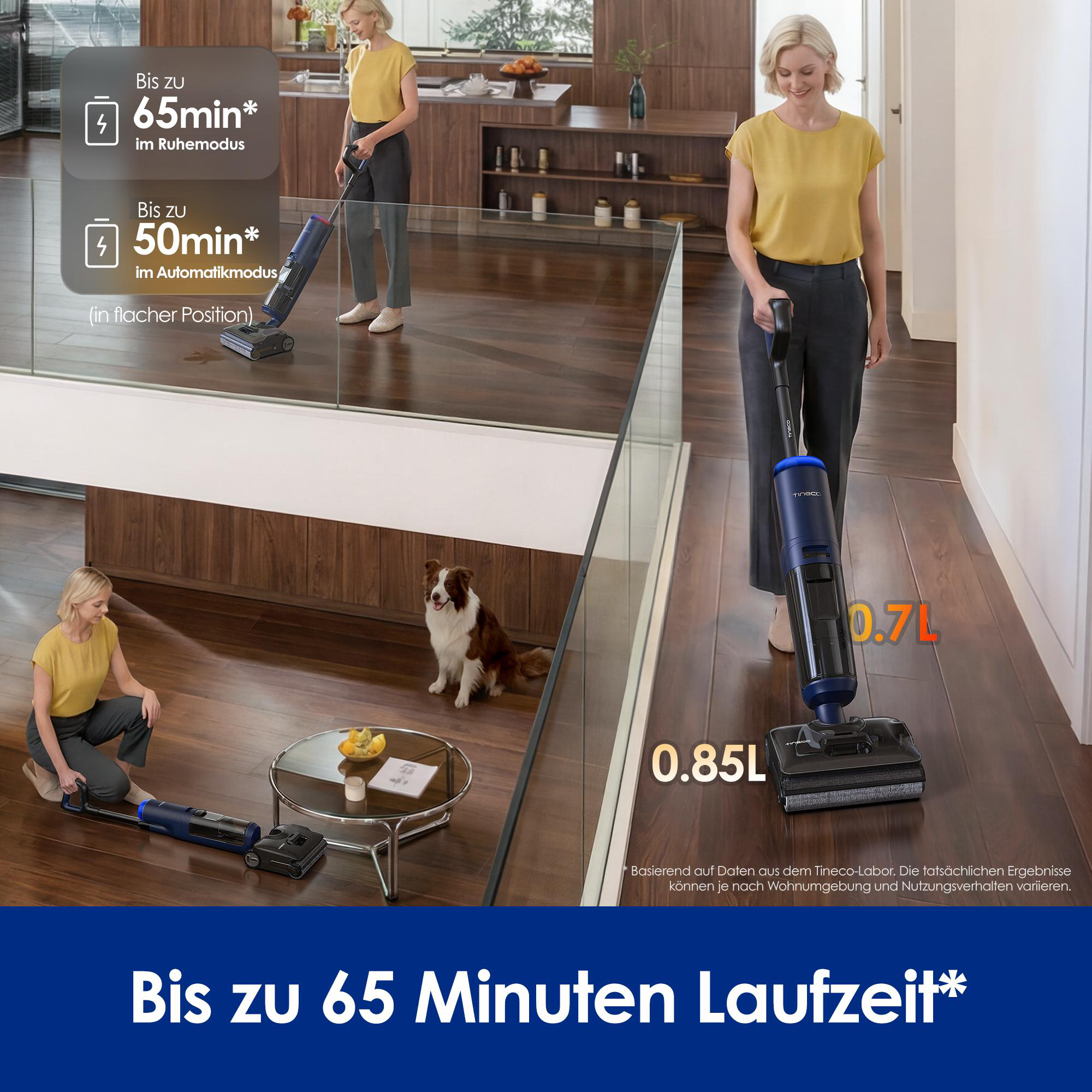Eine Frau nutzt einen kabellosen Staubsauger in einem modernen Haus mit Hund und Textoverlays.