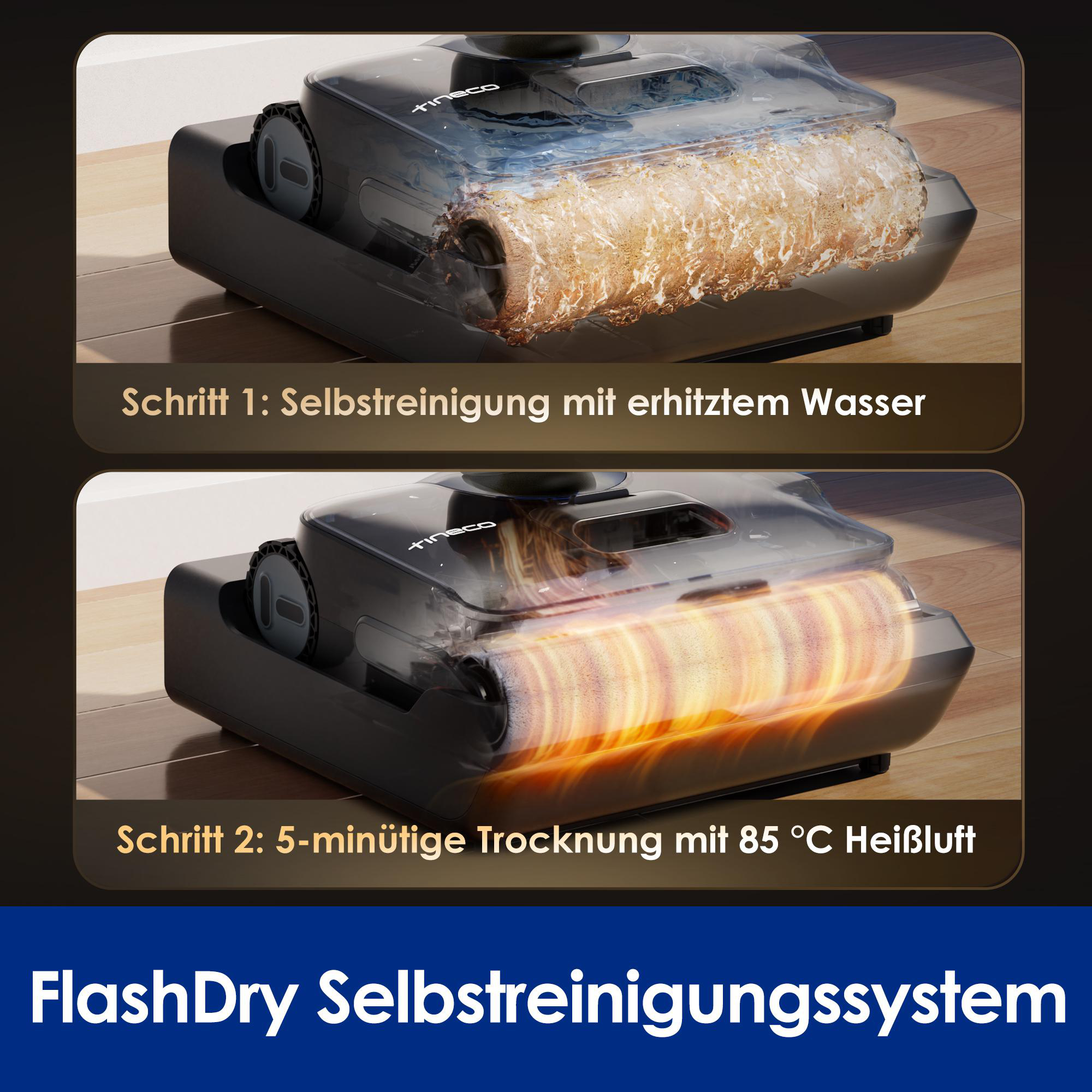 Tineco Selbstreinigungssystem mit Heißwasserwäsche und 85 °C Heißlufttrocknung.