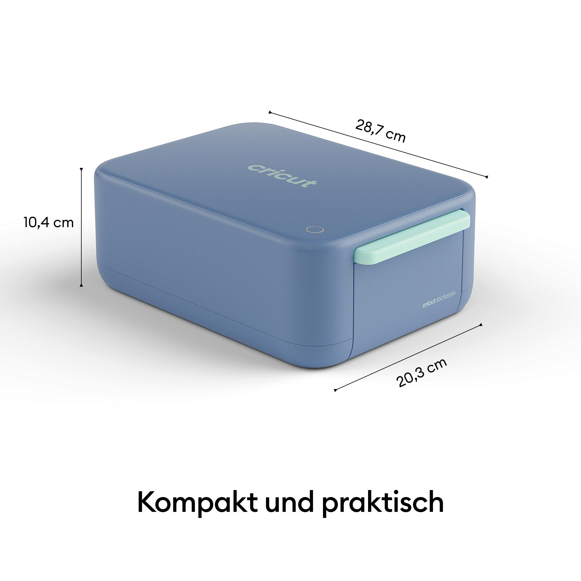 Blauer Cricut-Gerätekoffer mit Abmessungen von 28,7 x 20,3 x 10,4 cm und der Aufschrift Kompakt und praktisch.