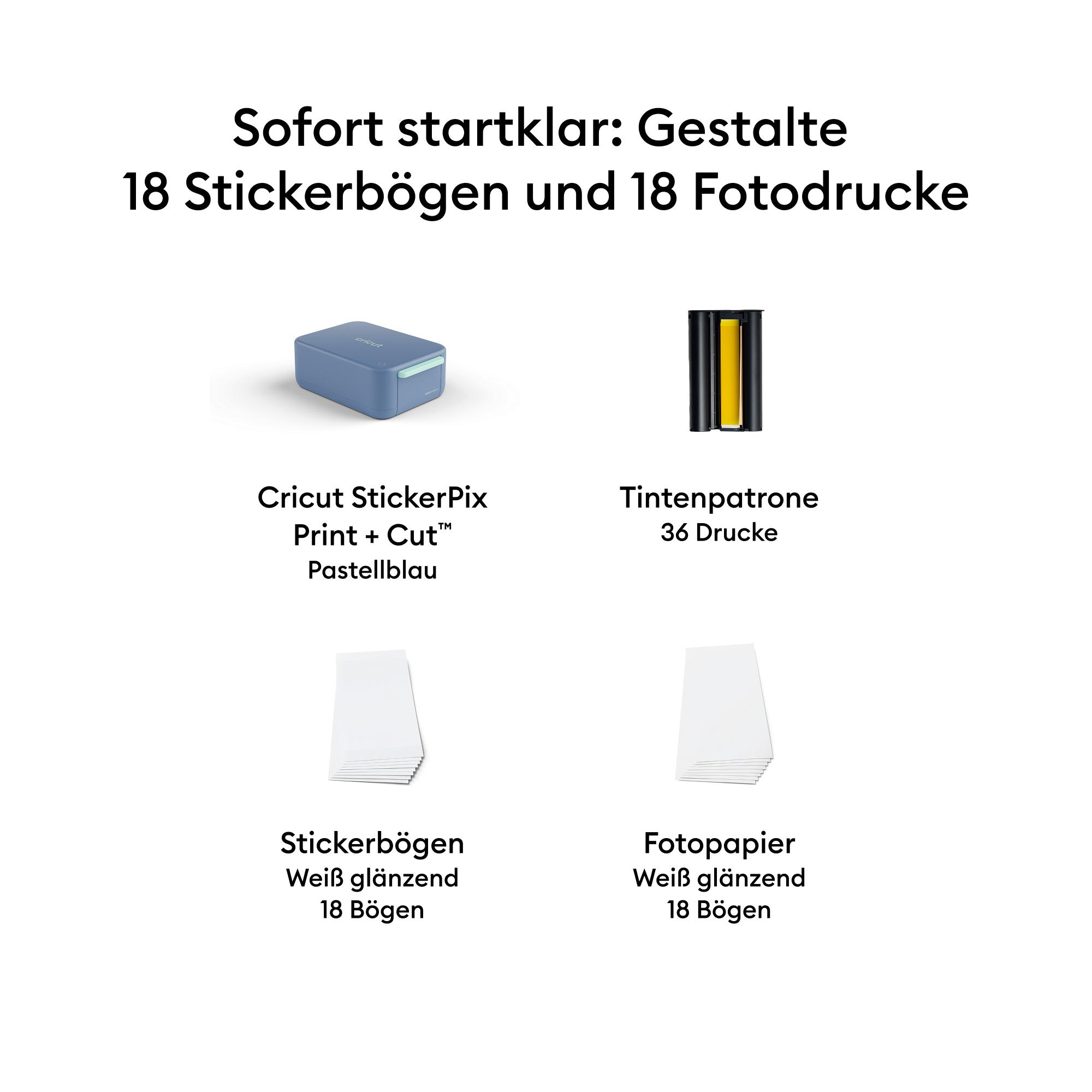 Übersicht des Cricut StickerPix Startersets mit Drucker, Tintenpatrone, Stickerbögen und Fotopapier.