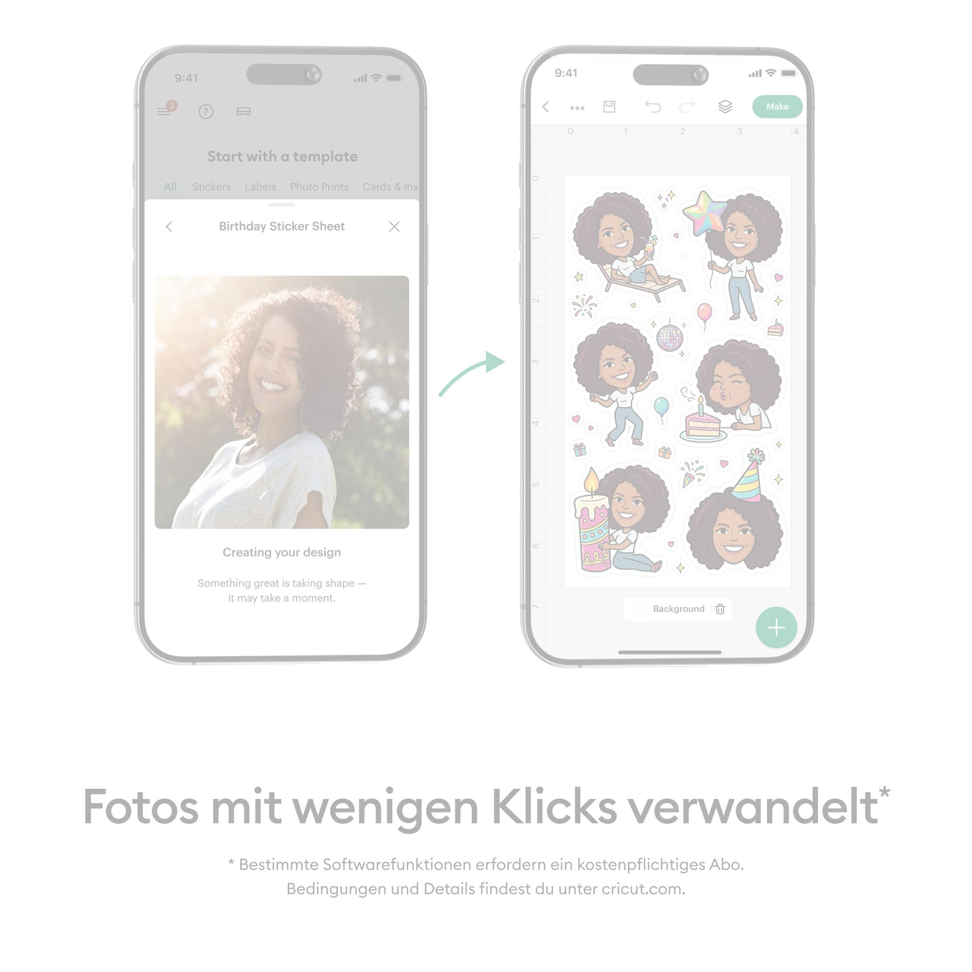 Zwei Smartphones zeigen die Umwandlung eines Fotos in digitale Sticker mit einer App.
