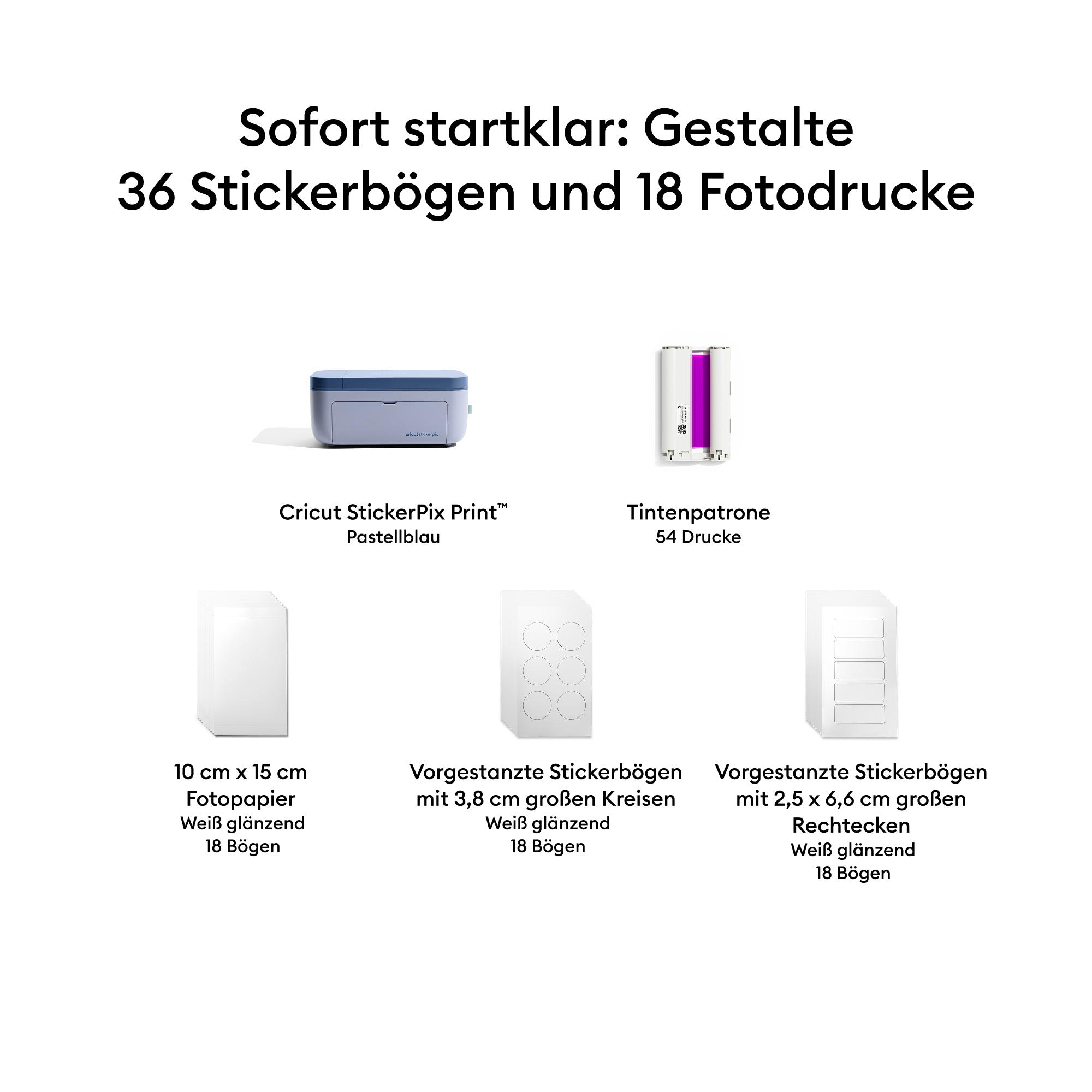 Übersicht des Cricut StickerPix Sets mit Drucker, Tintenpatrone, Fotopapier und Stickerbögen.