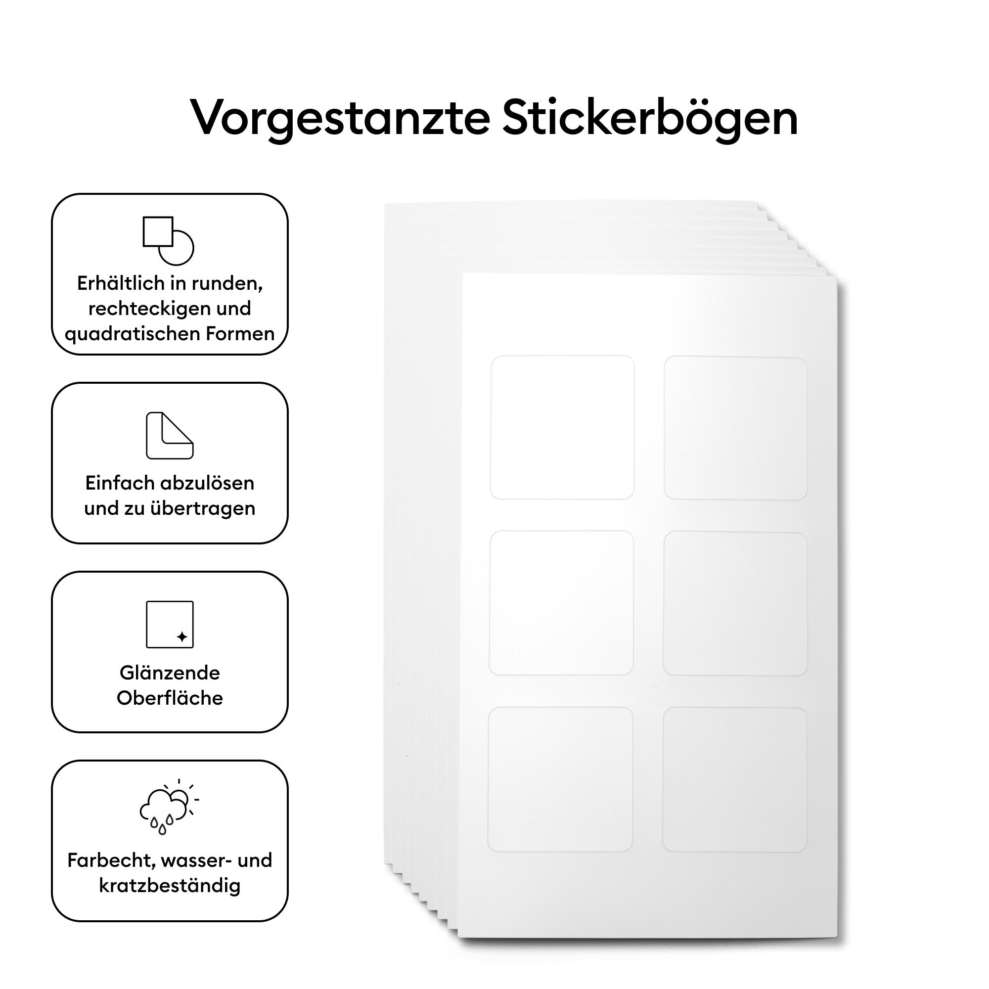 Stapel weißer, vorgest anzt er Stickerbögen mit vier Erkl ärungsfeldern links.