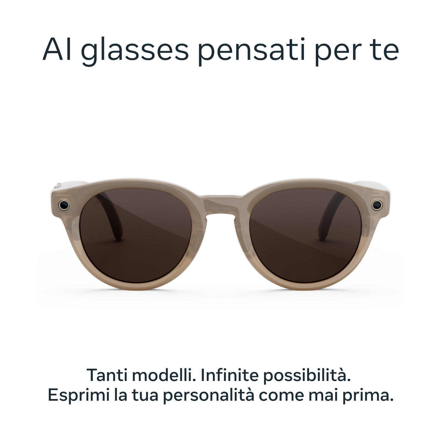 Occhiali da sole AI beige con lenti scure e testo pubblicitario.