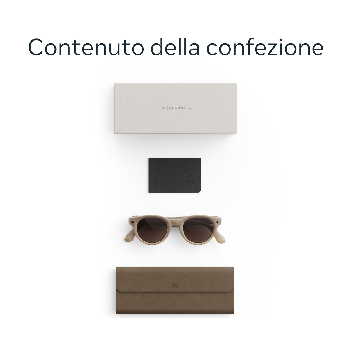Contenuto della confezione con occhiali, custodia e accessori su sfondo bianco.
