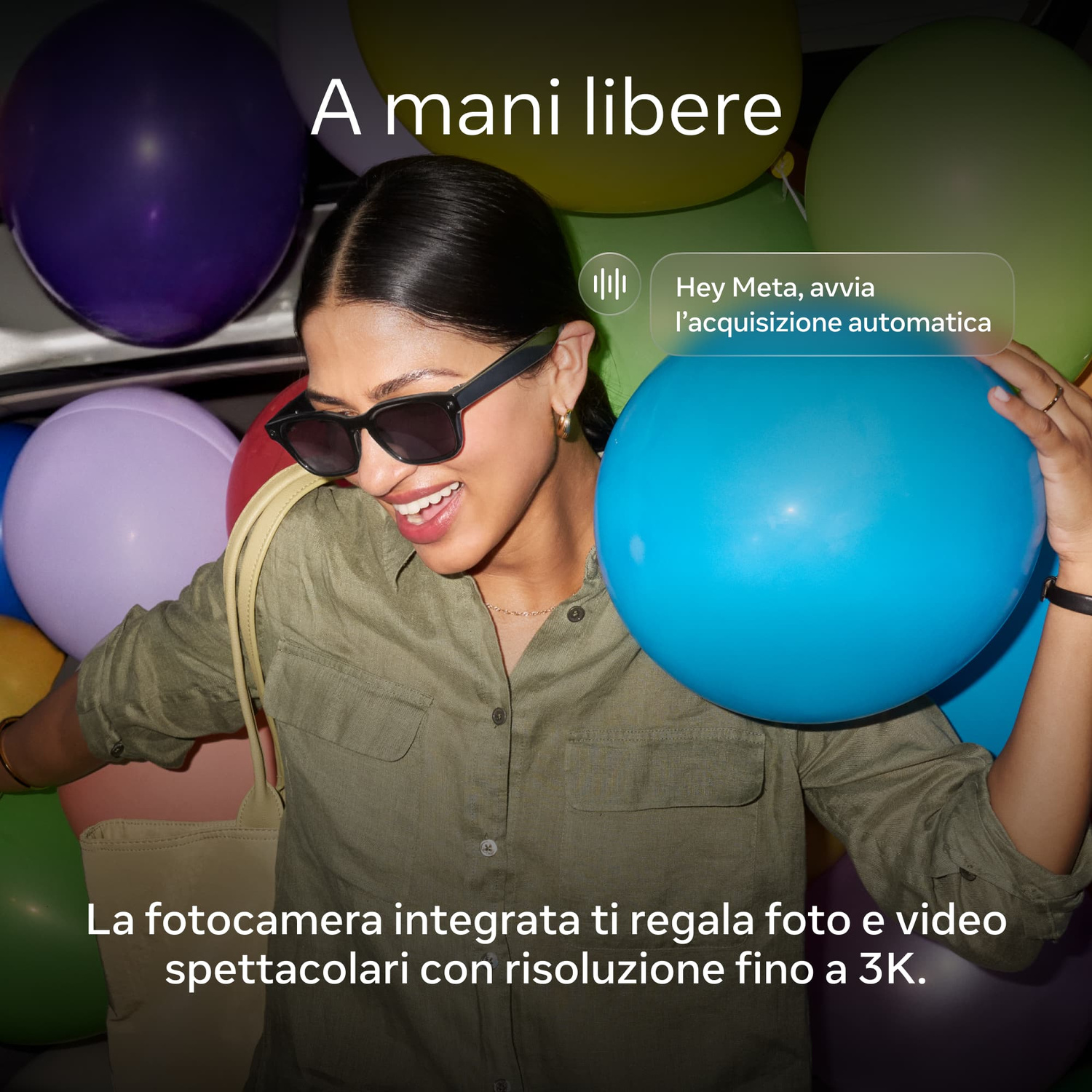 Una donna sorridente con occhiali da sole è circondata da palloncini colorati, con testo sovrapposto.