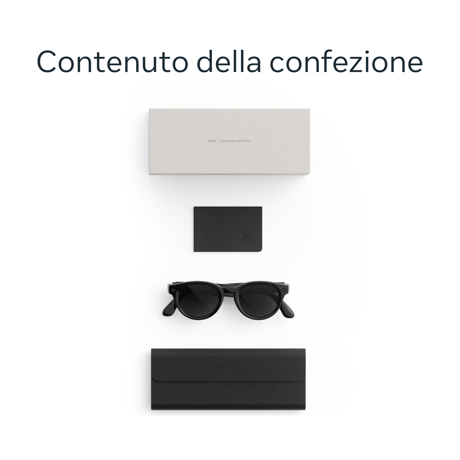 Vista dall'alto del contenuto della confezione degli smart glasses, tra cui scatola bianca, astuccio nero, panno e occhiali.