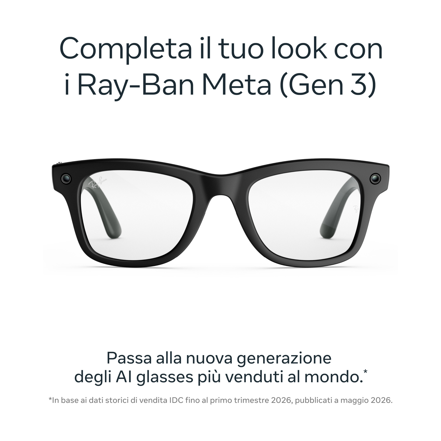 Occhiali AI Ray-Ban Meta neri su sfondo bianco con testo promozionale in italiano.