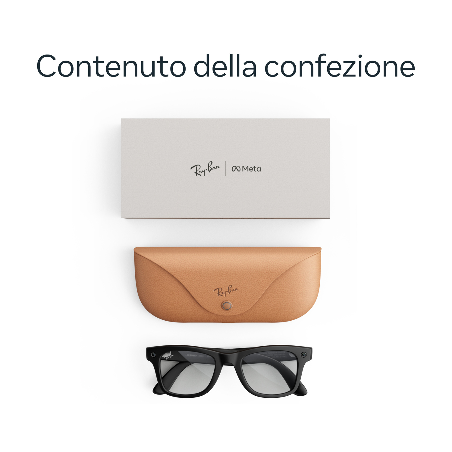 Scatola Ray-Ban Meta, custodia in pelle e occhiali neri su bianco.
