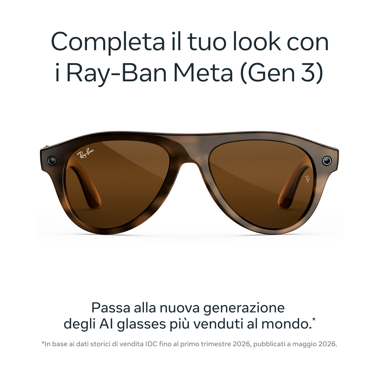 Occhiali da sole Ray-Ban Meta Gen 3 marroni con testo promozionale in italiano.