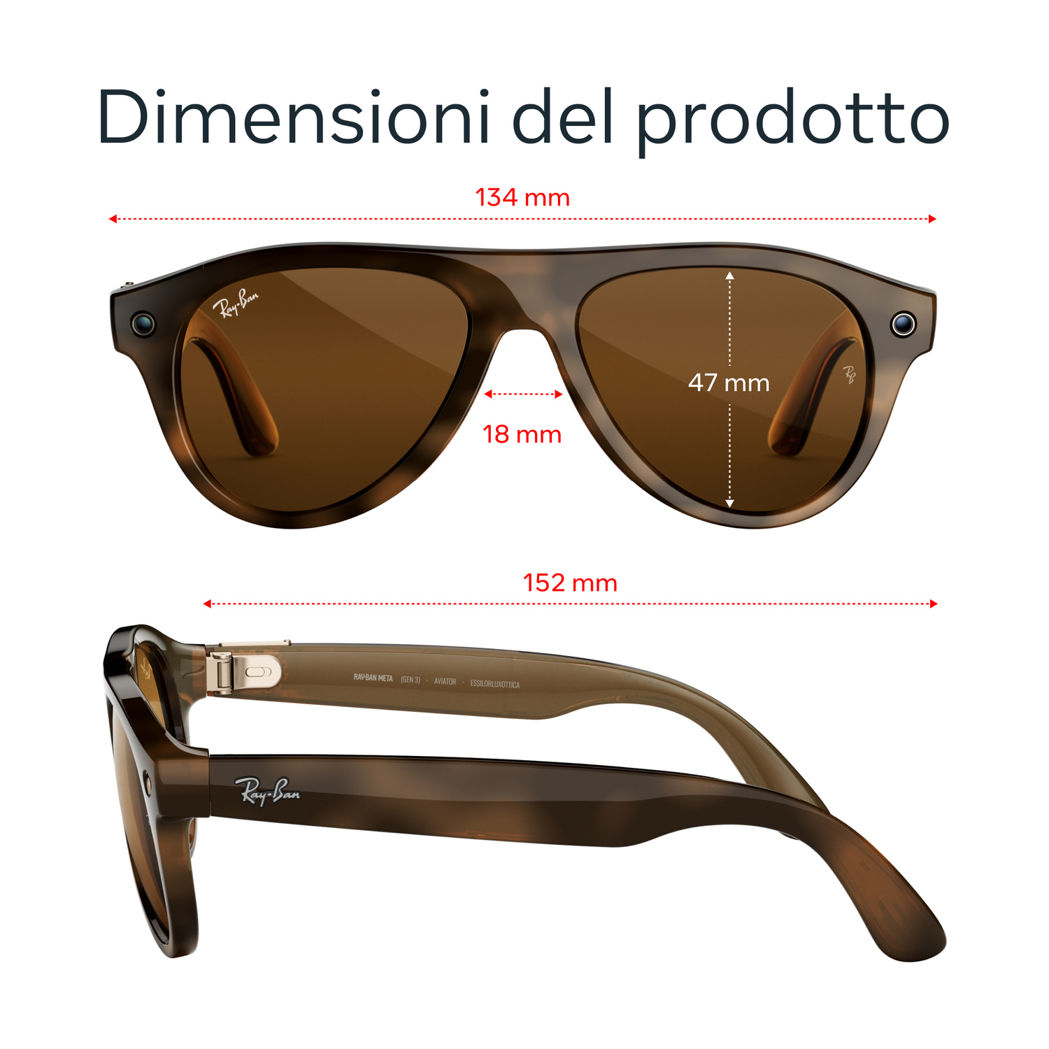 Disegno tecnico che mostra le dimensioni degli occhiali da sole Ray-Ban.