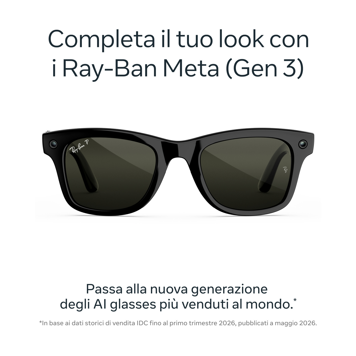 Occhiali da sole smart Ray-Ban Meta Gen 3 neri con lenti scure e testo in italiano.
