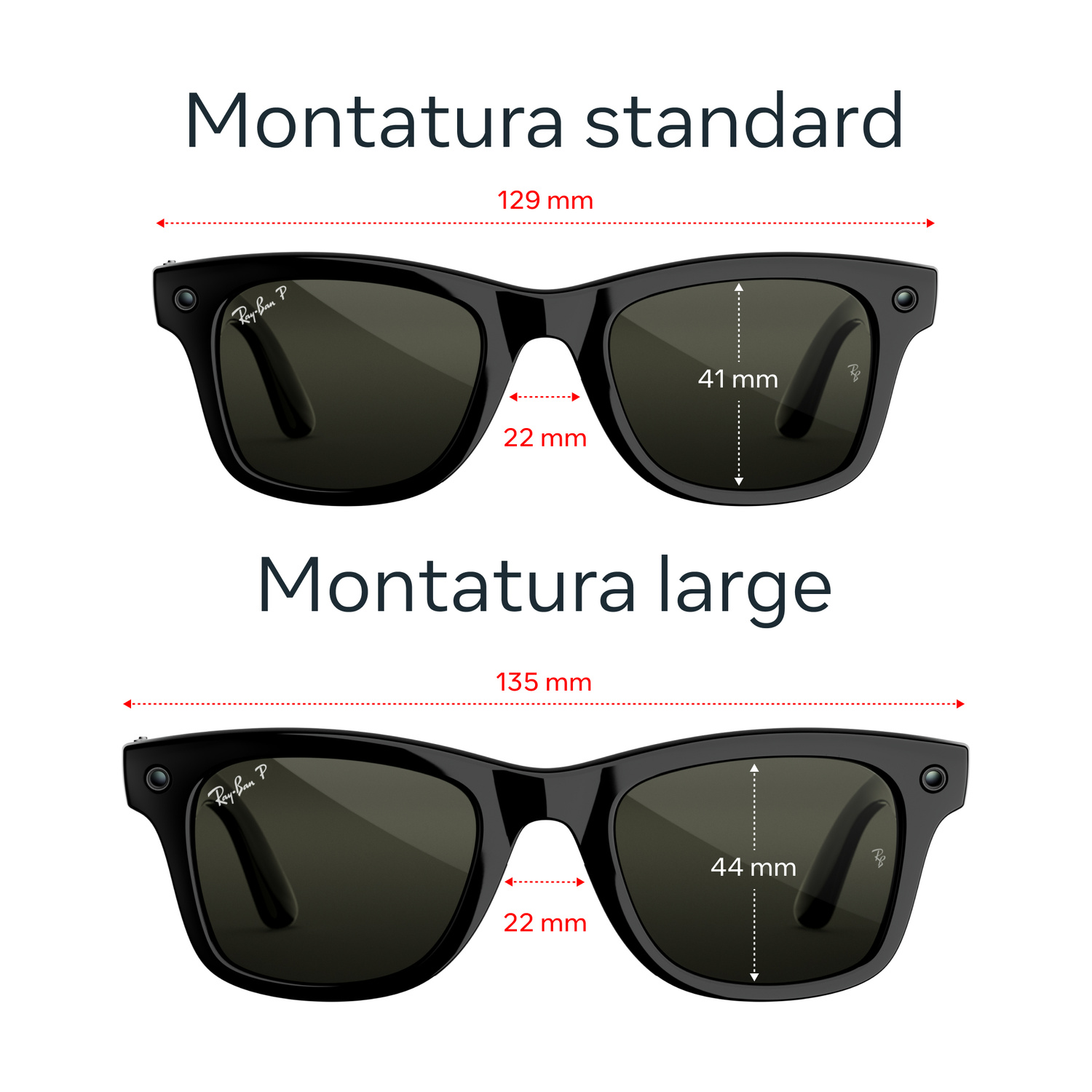 Diagramma che mostra le dimensioni degli occhiali da sole Ray-Ban in taglia standard e grande.