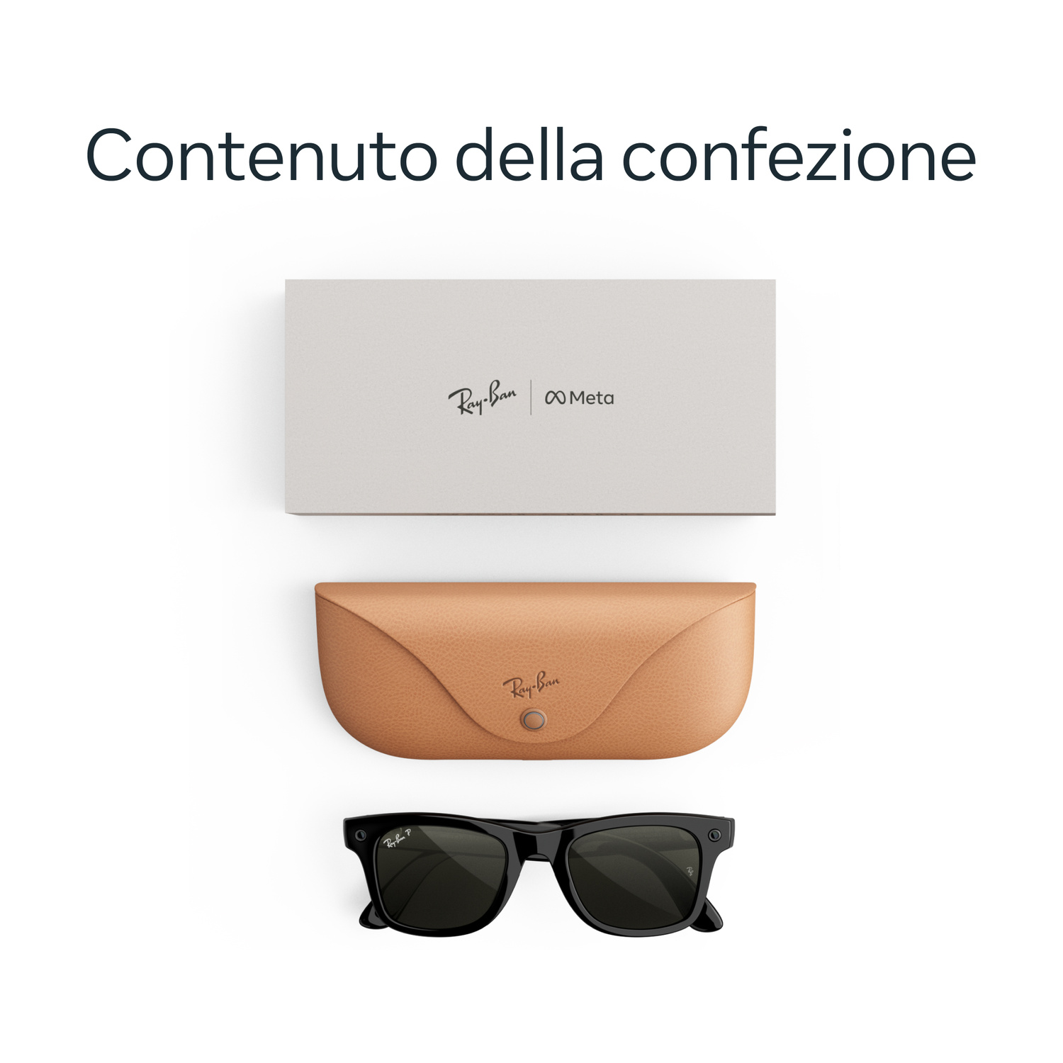 Contenuto della confezione con scatola bianca Ray-Ban Meta, custodia in pelle marrone e occhiali neri.