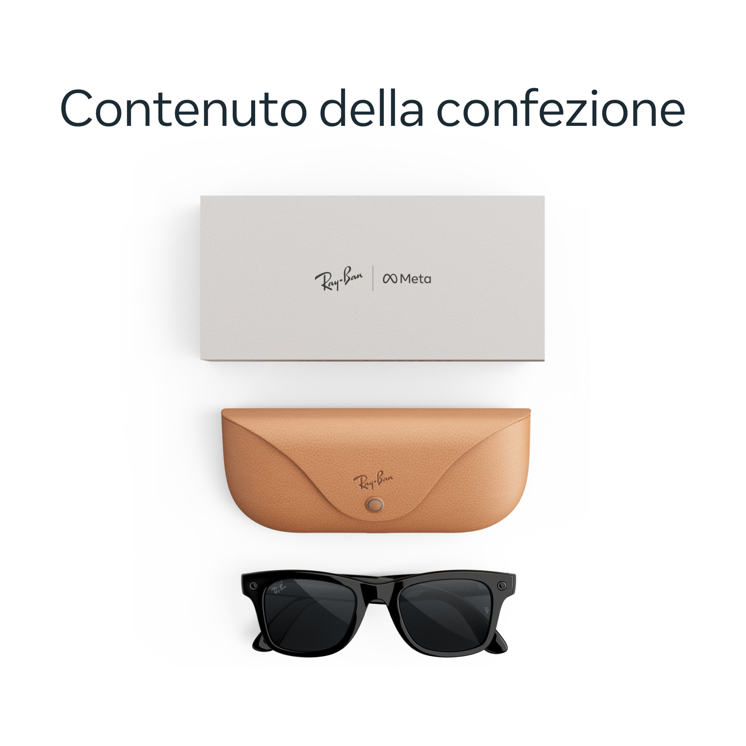 Contenuto della confezione con scatola grigia, astuccio in pelle marrone chiaro e occhiali Ray-Ban Meta neri.
