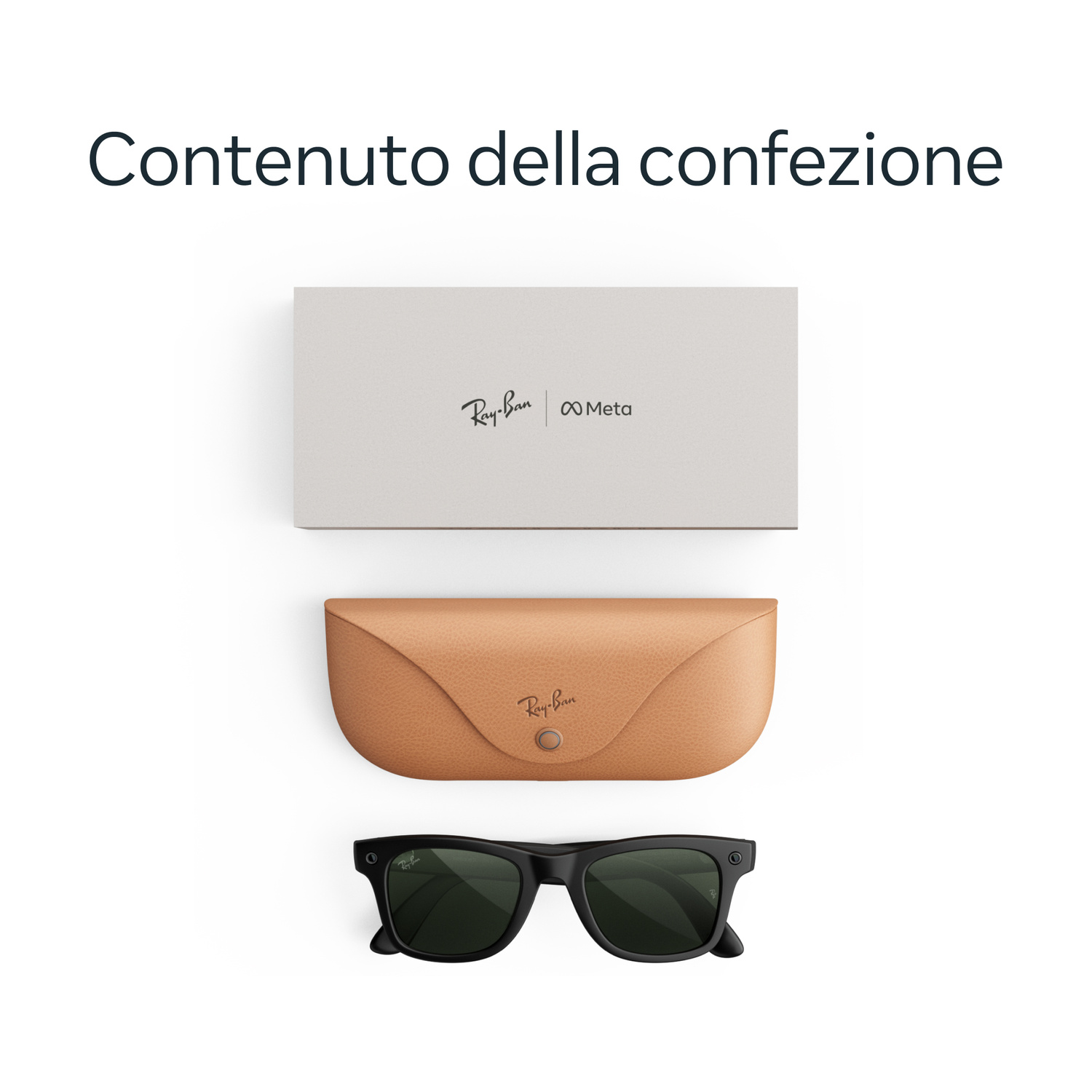 Contenuto: scatola grigia, astuccio in pelle marrone chiaro e occhiali Ray-Ban Meta neri su sfondo bianco.