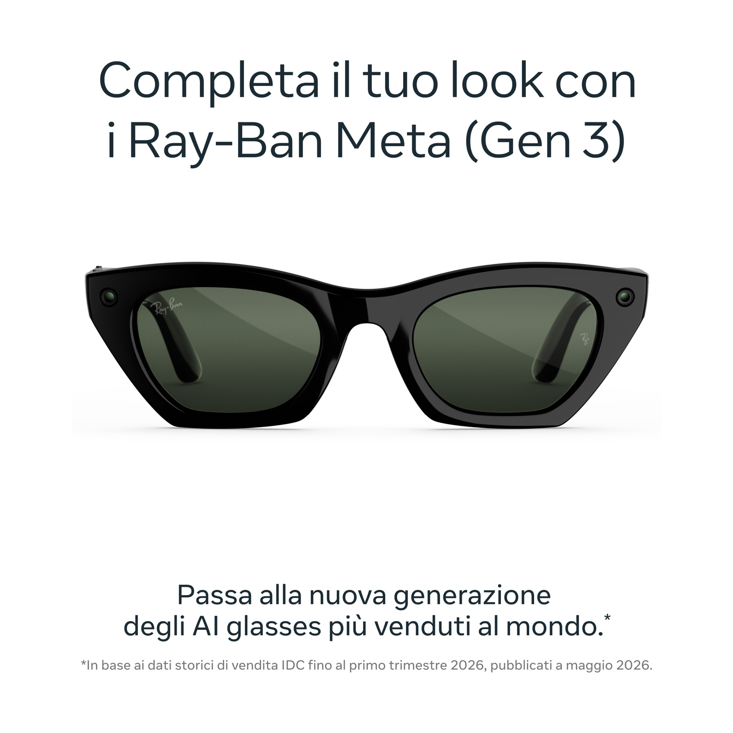 Occhiali smart Ray-Ban Meta Gen 3 neri con lenti verdende su sfondo bianco e testo promozionale in italiano.
