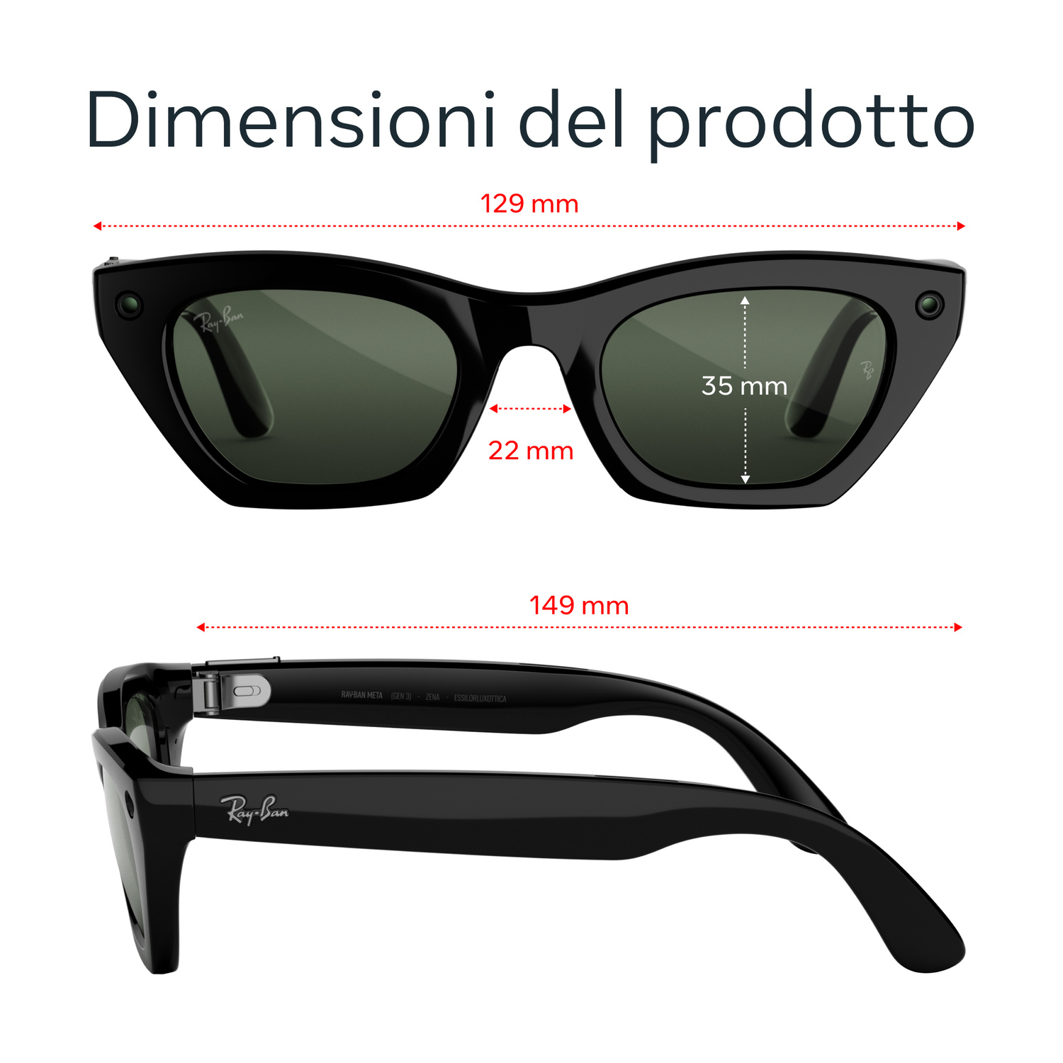 Dimensioni del prodotto di occhiali da sole Ray-Ban neri con misure di larghezza e altezza.