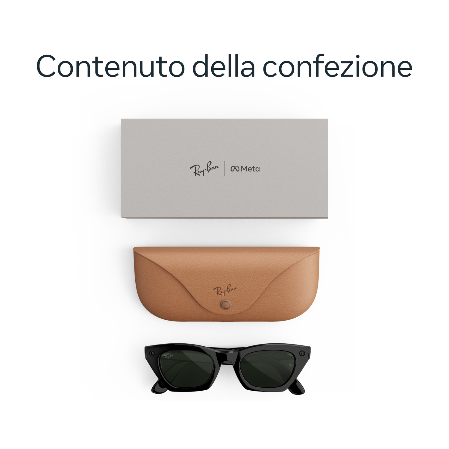 Scatola Ray-Ban Meta, custodia in pelle marrone e occhiali da sole neri su sfondo bianco.