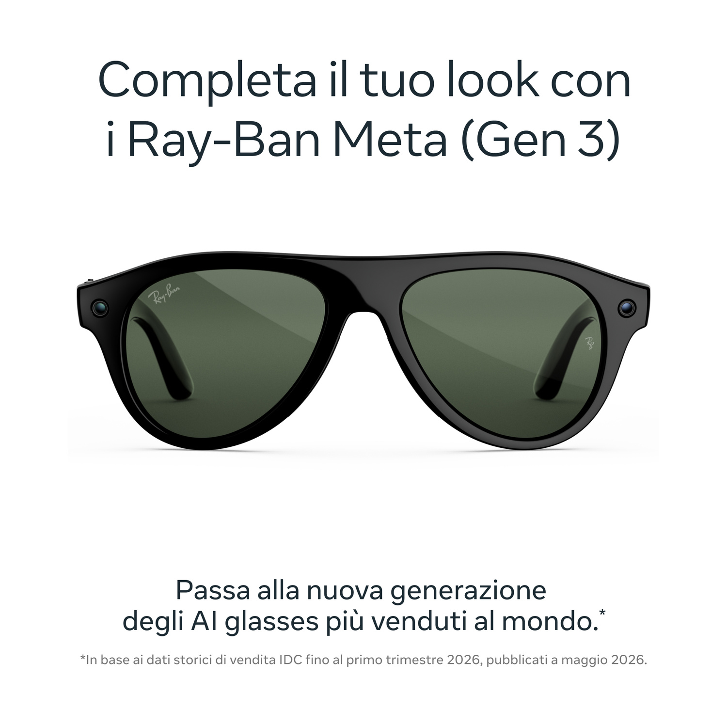 Occhiali da sole neri Ray-Ban Meta Gen 3 con lenti verdi e testo promozionale.