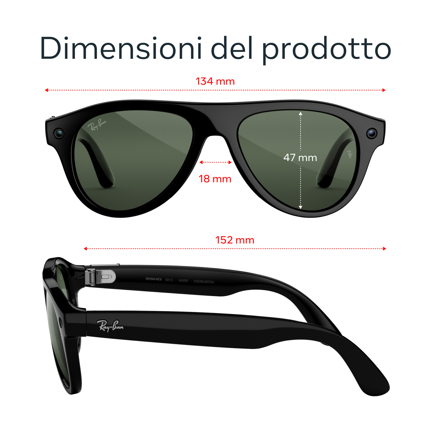 Diagramma che mostra le dimensioni di occhiali da sole Ray-Ban neri.