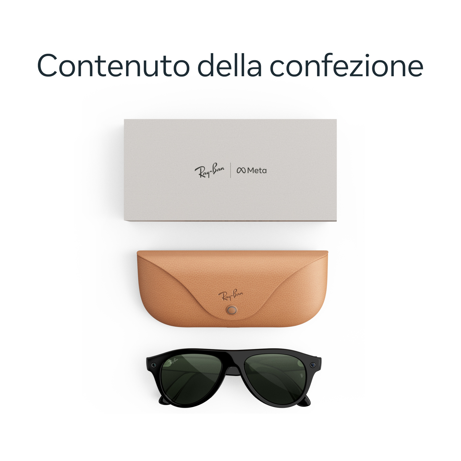 Contenuto della confezione: scatola grigia, custodia in pelle marrone e occhiali neri Ray-Ban Meta su sfondo bianco.