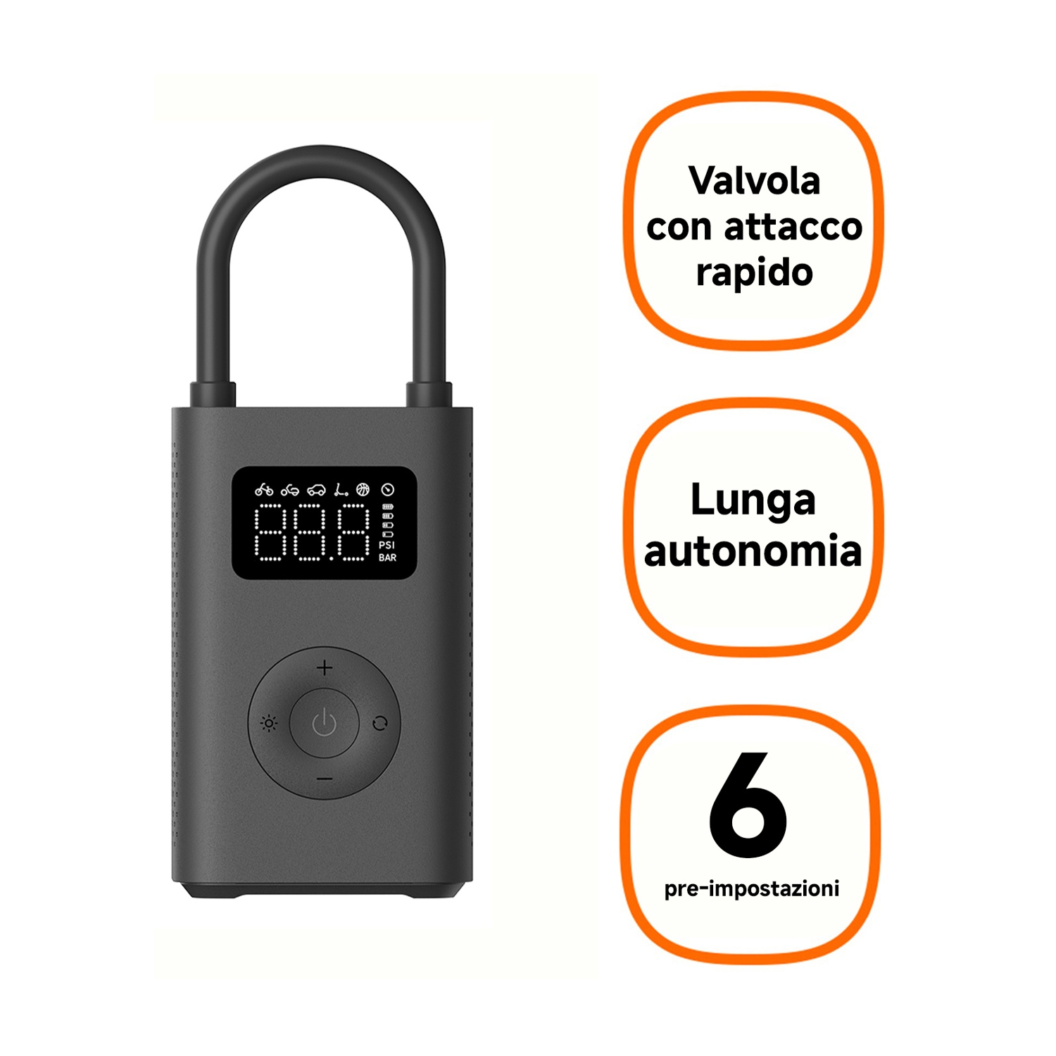 Un compressore d'aria portatile nero accanto a tre riquadri arancioni con testo descrittivo.