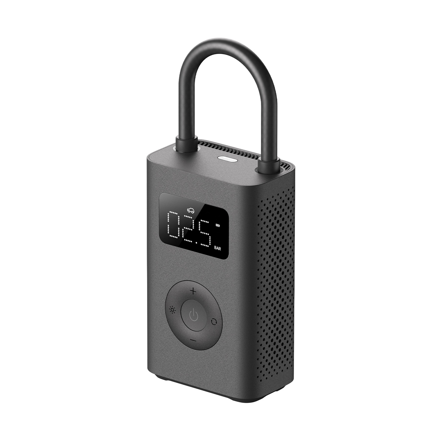 Pompa d'aria elettrica grigia portatile con display digitale e maniglia rotonda su sfondo bianco.