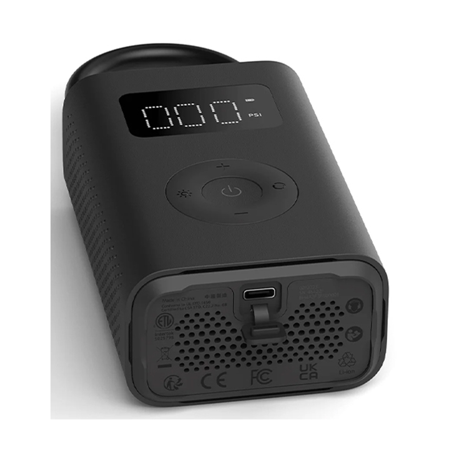 Compressore d'aria portatile nero con display digitale, pulsanti di controllo circolari e porta USB-C sul davanti.