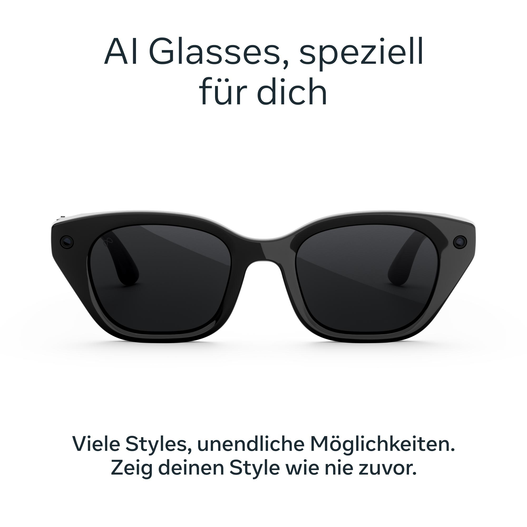 Schwarze AI-Brille mit Kameras an den Rändern, umgeben von deutschem Werbetext auf weißem Hintergrund.