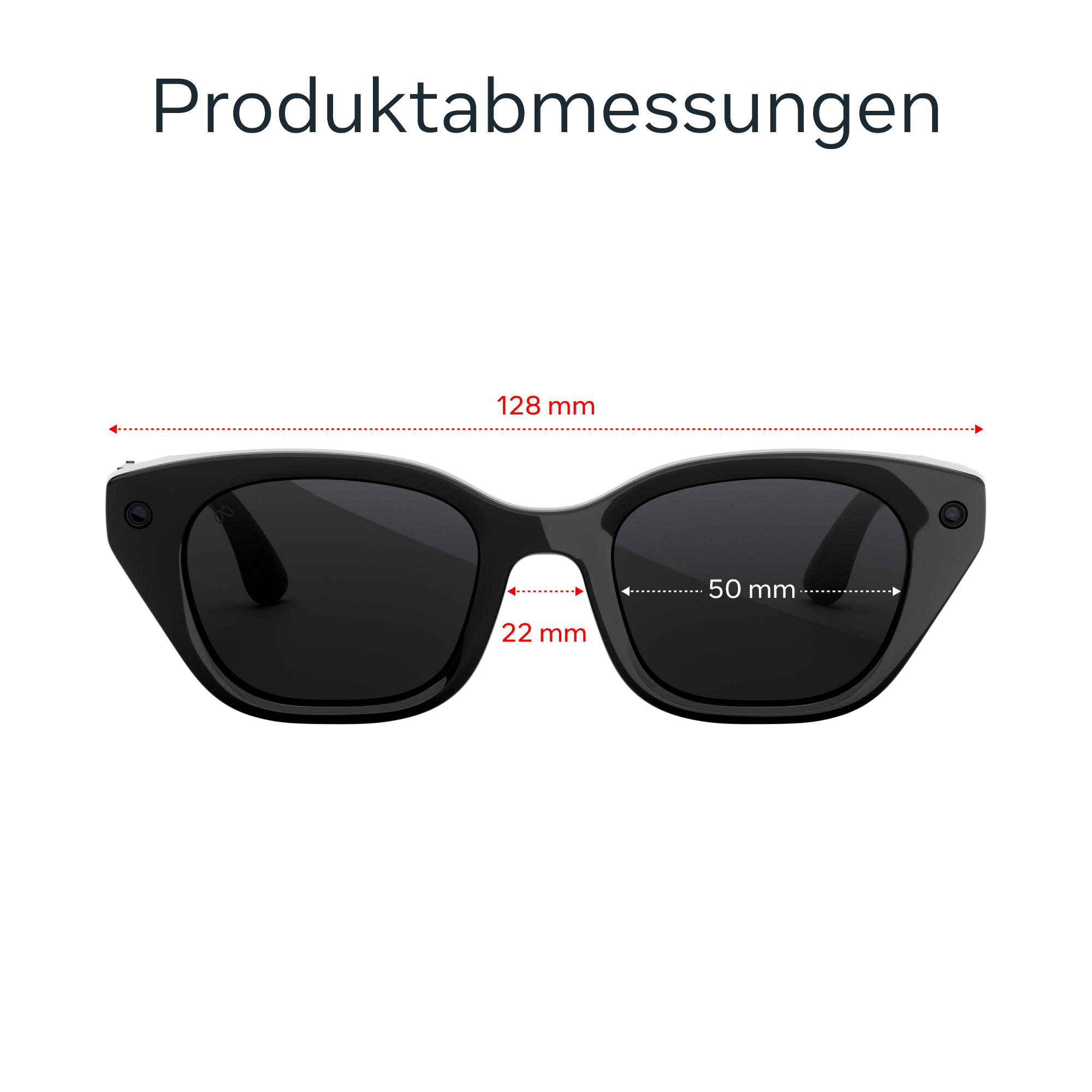 Technische Zeichnung der Produktabmessungen einer schwarzen Sonnenbrille mit Maßen von 128 mm, 50 mm und 22 mm.