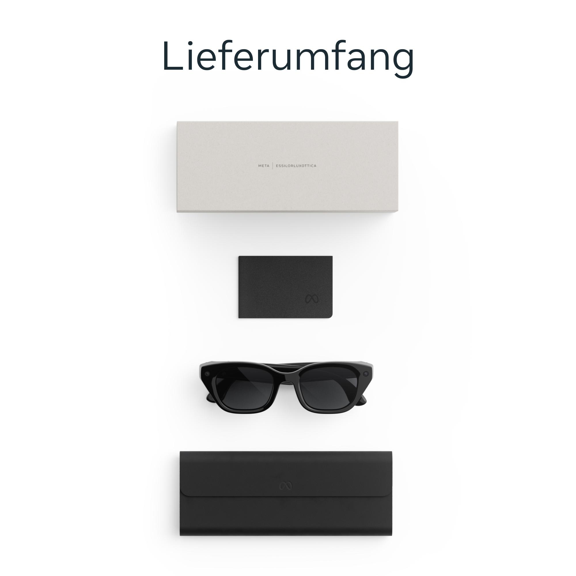 Lieferumfang mit Box, schwarzem Etui, Brille und Beutel auf weißem Grund.