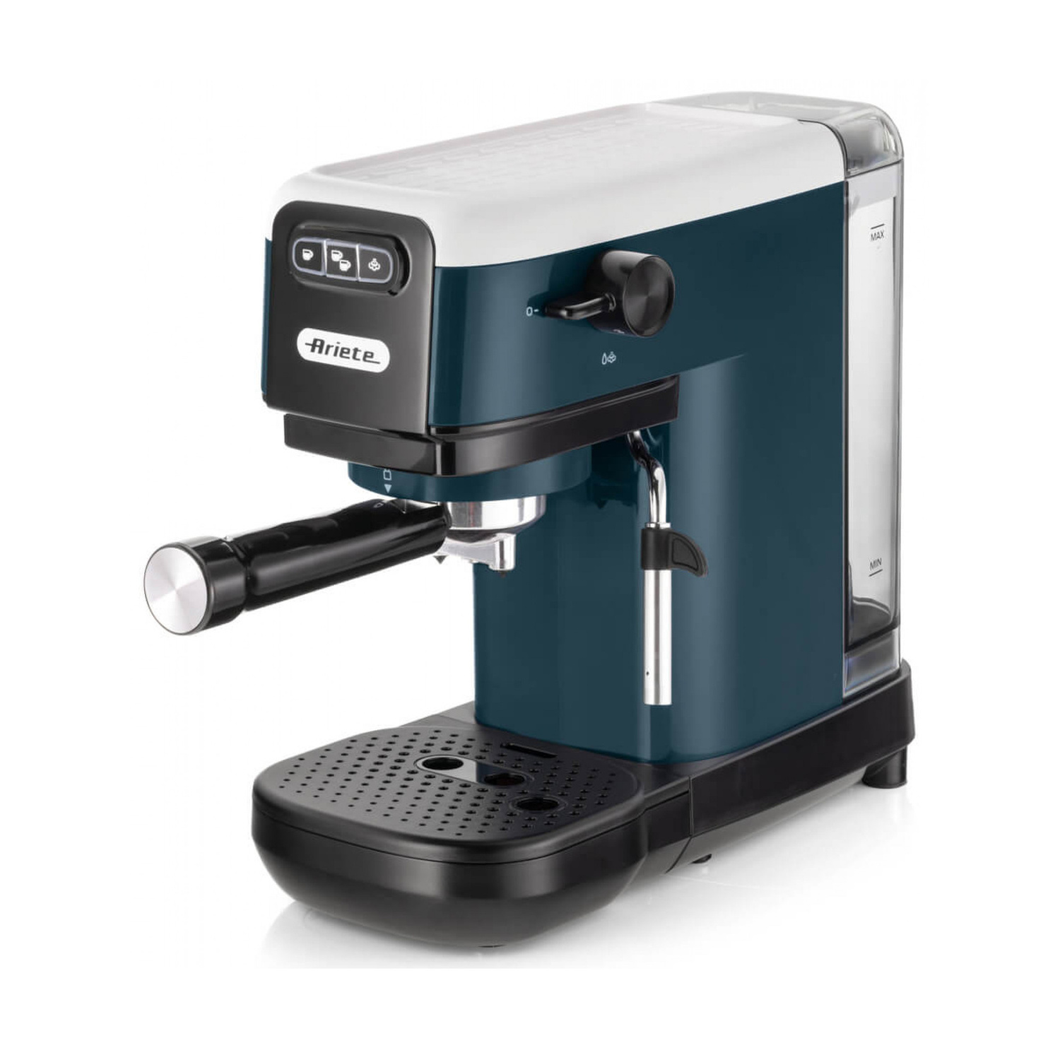 Macchina da caffè espresso Ariete blu e bianca con portafiltro nero e serbatoio dell'acqua trasparente su sfondo bianco.