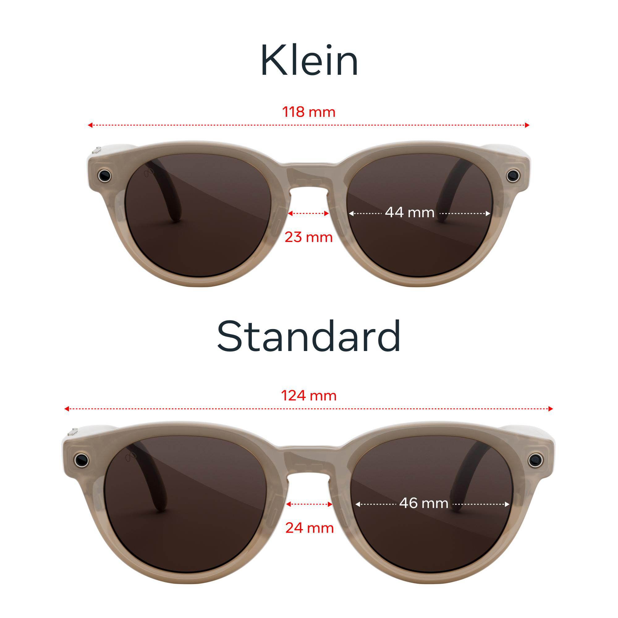 Technische Zeichnung mit Maßangaben für zwei Sonnenbrillenmodelle namens Klein und Standard.