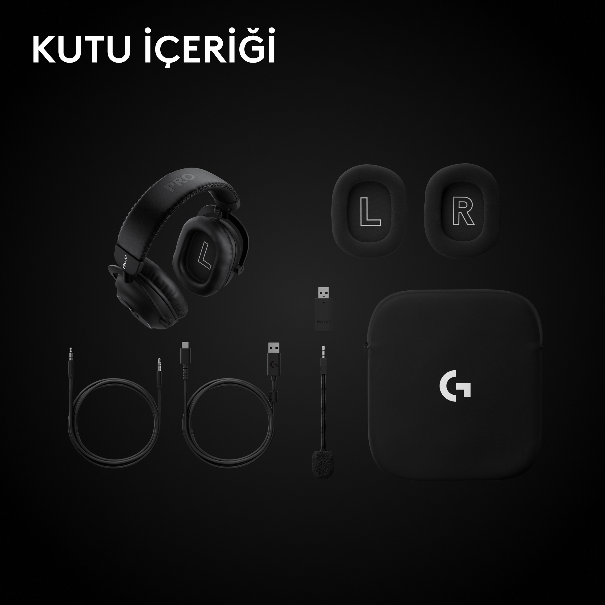 Siyah Logitech oyuncu kulaklığı, kablolar, yedek kulak yastıkları, mikrofon, USB alıcı ve çanta.