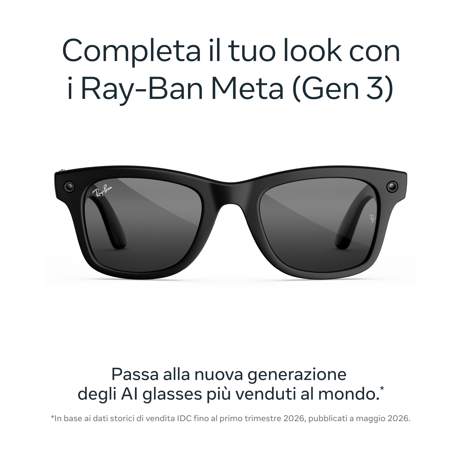 Occhiali smart neri Ray-Ban Meta Gen 3 con fotocamere integrate e testo su sfondo bianco.