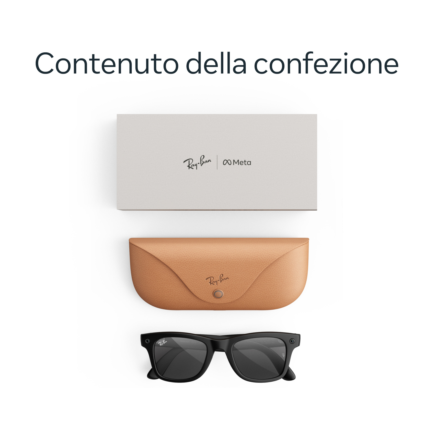 Una scatola grigio chiaro, custodia in pelle marrone e occhiali Ray-Ban Meta neri su sfondo bianco.
