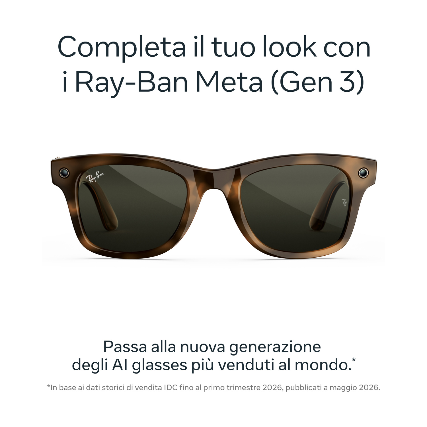 Occhiali da sole Ray-Ban Meta Gen 3 tartarugati con lenti scure e testo in italiano sopra e sotto.