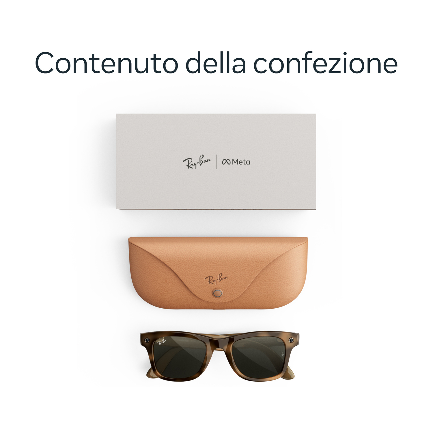 Contenuto della confezione con occhiali Ray-Ban Meta, custodia in pelle marrone e scatola grigia.